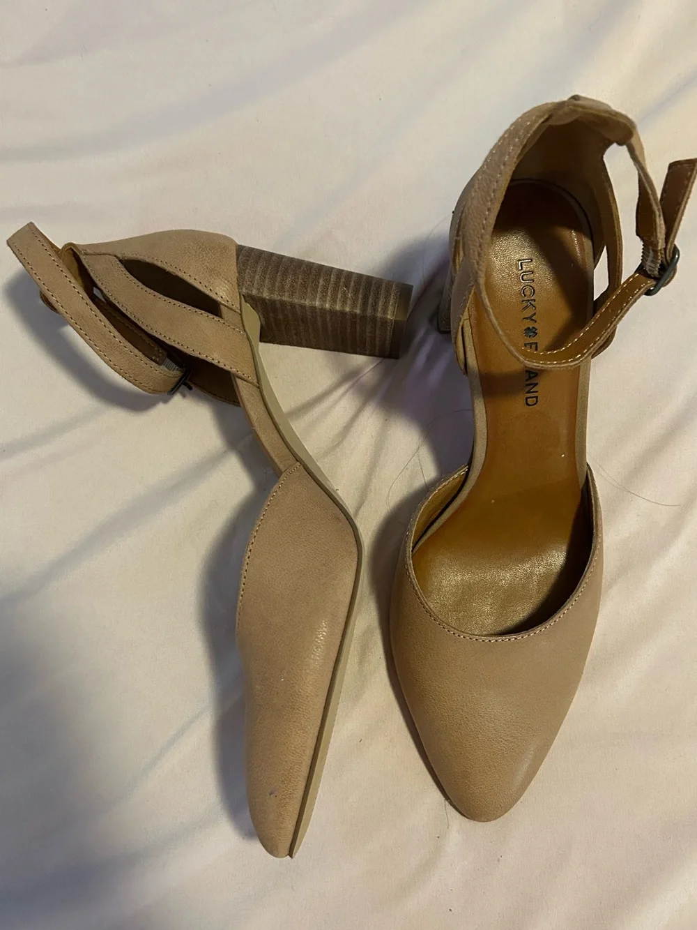 Lucky Brand Beige Pointed Toe Ankle Strap Block Heels